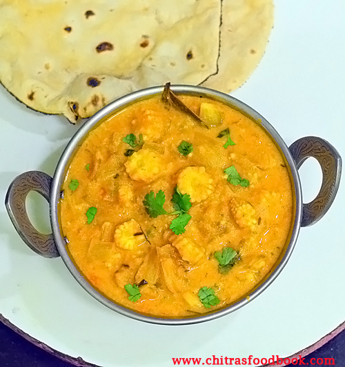 Baby Corn Masala Gravy For Chapathi / Roti